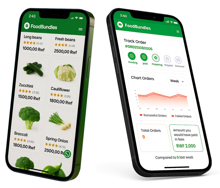 FoodBundles app interface showing product catalog and order tracking on two mobile phones